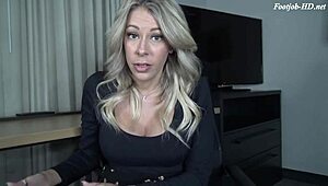 blonde mother-in-law gives subtle footjob to stepson
