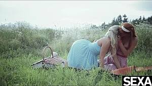 These stunning lesbians with perfect tits devour pussy on retro trip! 😍