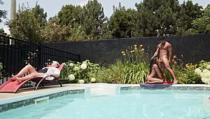 Leilani Li, in bikini and heels, seduces lifeguard Kenzo Alvarez by the pool