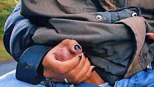 hotwife jerks off on the road until cum, almost caught