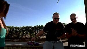 big ass brunette toys with stranger and gets fucked outdoors