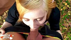 This redhead girl got sucked and banged hard out in the forest.