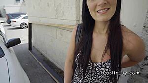 Hot brunette American babe gets slammed hard by a monster cock in outdoor reality action.