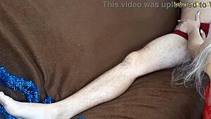 hot amateurs in heels and shaved pussy for christmas blowjob and toy play