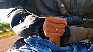 hotwife jerks off on the road until cum, almost caught