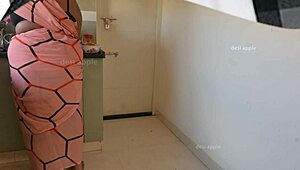 Tamil house owner boldly jerks cock in kitchen, flashing nude to maid sasikala