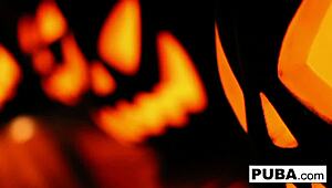 Two Hot Blondes Share Halloween Scare with Big Tits Fucking