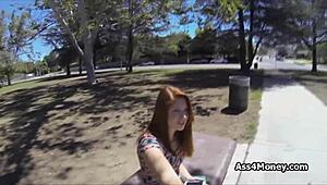 Redhead cutie takes a hard pounding at the public tennis court in POV.