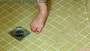 Charming Brunette Model Strips and Showers for Photoshoot