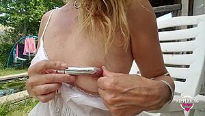 Nippleringlover Gets Kinky Inserting 18mm Vibrator into Extremely Stretched Pierced Nipples.