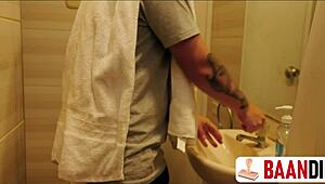 Busty neighbor fucks roommate in shared dorm bathroom taboo