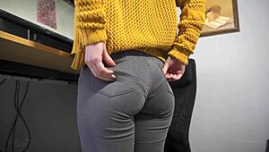 hot secretary in tight jeans teases ass with visible panty line