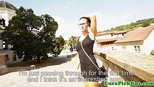 euro slut with glasses gets messy facial in public pov