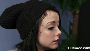 slutty peach casually handles a massive sperm load on her face, gulping it all