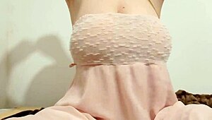 Hottie in Chic Dress Gropes Her Big Breasts Outdoors