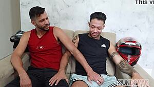 I got on the motorcycle and on my friend's big cock in a group threesome adventure