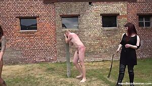 Friendly competition turns wild with Mistress Rebekka Raynor and Nikky French delivering painful whipping strokes.