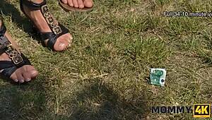 Older European cougar with tattoo seduces younger guy