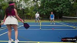 Sneaky sex during tennis game with pervteen 18+ - so risky!