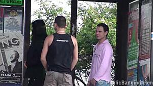 uhh, daring bus stop threesome sex in public, so crazyy