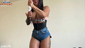 Powerful anal creampie in torn denim shorts close-up