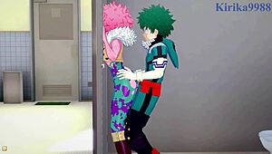 i watch mina ashido and momo yaoyorozu have intense sex with izuku midoriya in hentai