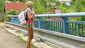 Aroused blonde lesbians use sex toys outdoors to pound their wet shaved pussies to orgasm