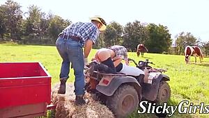 Inked Farmhand Threeway Fucked Hard After Eating Pussy Outdoors!