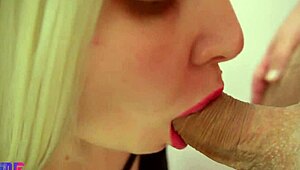 Gentle close-up blowjob with sloppy oral creampie and massive cumshot on big cock