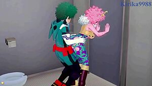 i watch mina ashido and momo yaoyorozu have intense sex with izuku midoriya in hentai