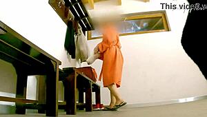 spotted a big boobs woman at the pool restroom. hard cock flashed for her wild reaction.