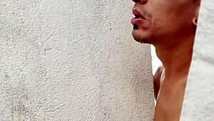 Fucking outdoors between the sheets with a monster cock.