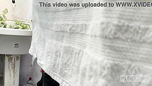 Fucking outdoors between the sheets with a monster cock.