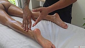 Unexpected spa visit turns into steamy masseuse encounter.