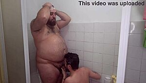 couple fucks bareback in the shower with monster cock. young ass pounded hard