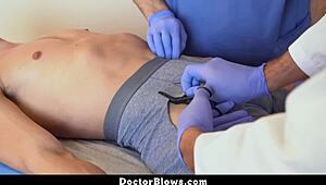 Gay doctor tests patient reflexes with intimate check