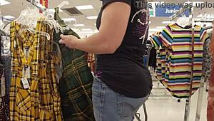 Staged Public Flashing with Butt Crack Shopper in Humiliating Scene