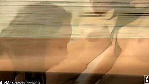 Tranny assfucked doggystyle in bondage rack. Foursome action with monster cock unfolds.