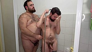 couple fucks bareback in the shower with monster cock. young ass pounded hard