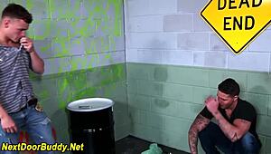 Gay amateur trio in muscular blowjob and assfuck action.