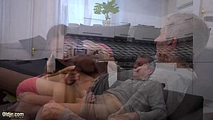 Grandpa fucks nerdy girl with glasses in tight pussy and sexy mouth hard.