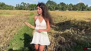 Cute 18 y.o. rice picker girl bangs new boss on farm for creampie