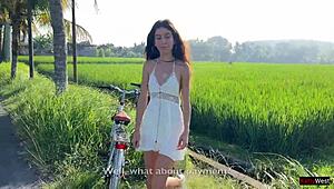 Cute 18 y.o. rice picker girl bangs new boss on farm for creampie