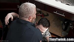 The horny little twink begs the daddy for a bareback fuck with his monster cock