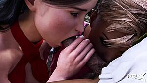 In this hentai game, two girls give a double blowjob.