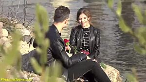 Shy teen couple experiments with extreme play. Her tight anus gets stretched by big cock.