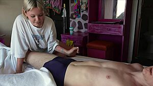 Stayed at my friend’s place, woke up to her short-haired blonde surprise sucking me off