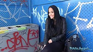 Public agent finds 18-year-old brunette student with beautiful tits for first outdoor fuck