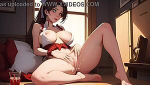 Hairless Mai Shiranui masturbates her shaved wet pussy, rubbing clit until she orgasms and cums all over in hentai anime