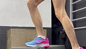 another day at the gym with this brunette bodybuilder getting wet and working out hard.